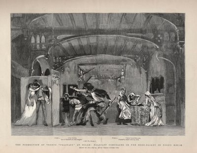 La Producción de “Falstaff” de Giuseppe Verdi en Milán, Falstaff oculto en la cesta de la ropa en la casa de Ford. Ilustración para The Graphic de English School