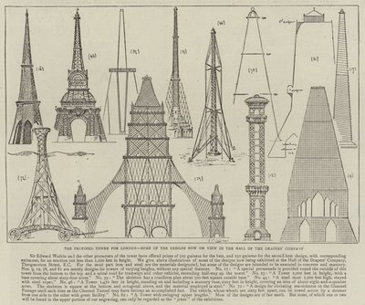 La torre propuesta para Londres, algunos de los diseños ahora en exhibición en el Salón de la Compañía de Drapers de English School