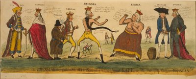 El boxeador prusiano y sus aliados intentando domar a la imperial Kate, o, el estado de los bursiers europeos, 1791 (grabado a mano coloreado) de English School