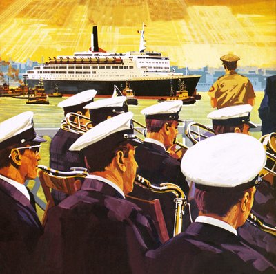 El QE2 llegando al puerto de Nueva York en la isla de Manhattan de English School