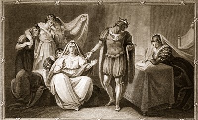 La reina viuda poniéndose ella y sus hijas bajo la protección de Ricardo III, ilustración de La Historia de Inglaterra de David Hume, pub. por R. Bowyer, Londres, 1812 de English School
