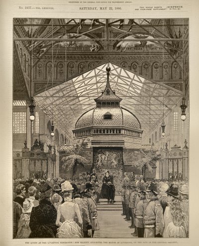 La Reina en la Exposición de Liverpool: Su Majestad nombrando caballero al alcalde de Liverpool en el estrado de la galería central, de The Illustrated London News, 22 de mayo de 1886 de English School