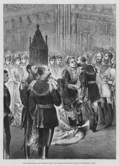 La Reina besando a sus Hijos después del Servicio de Acción de Gracias del Jubileo en la Abadía de Westminster (grabado) de English School