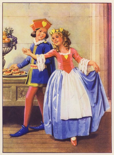 La reina de corazones y la jota de corazones (litografía en color) de English School