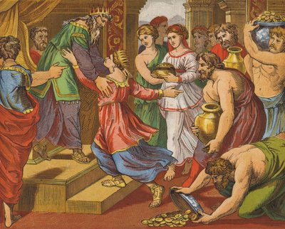 La reina de Saba trae regalos a Salomón (litografía en color) de English School