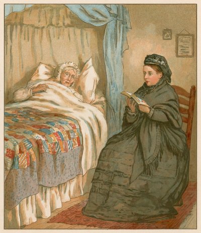 La reina leyendo junto a la cama de un viejo campesino de English School