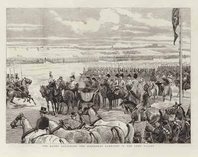 La Reina revisando la guarnición de Aldershot en el Valle Largo de English School