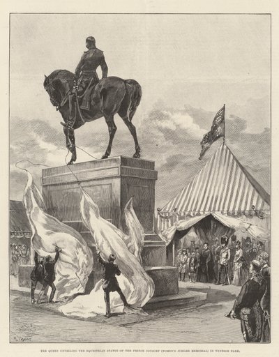 La Reina develando la Estatua Ecuestre del Príncipe Consorte (Memorial del Jubileo de las Mujeres) en el Parque de Windsor de English School