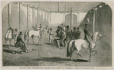 La Reina viendo los caballos árabes presentados a Su Majestad, en la casa de equitación en Pimlico de English School