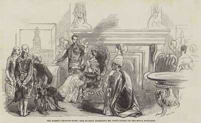 El salón de dibujo de la Reina, Su Majestad inspeccionando los modelos de Mr. Tite del Royal Exchange de English School