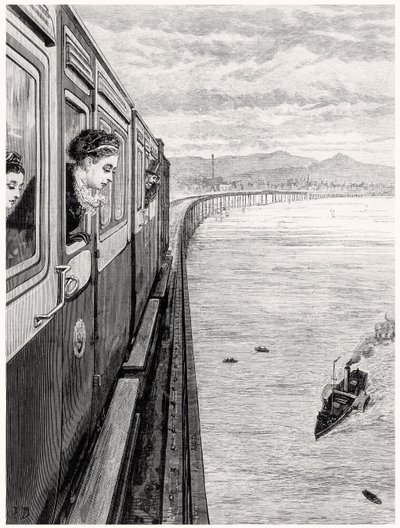 El regreso de la Reina de las Tierras Altas; Su Majestad cruzando el Puente Tay, Dundee de English School