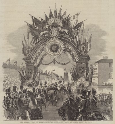 La visita de la Reina a Birmingham, el Arco de los Armeros, en Gosta Green (grabado) de English School