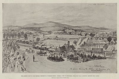 La visita de la reina a la emperatriz Frederick en Friedrichshof, vista general de Kronberg, desde la Villa Candidus, mostrando el castillo (grabado) de English School