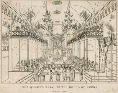 El juicio de la Reina en la Cámara de los Lores, agosto de 1820 de English School