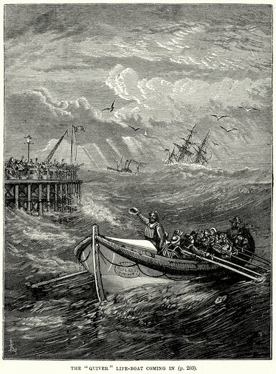 Llegada del bote salvavidas "Quiver" (grabado) de English School