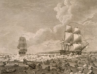 El Racehorse y Carcass forzando a través del hielo, 10 de agosto de 1773, de Un viaje hacia el Polo Norte emprendido por orden de Su Majestad en 1773, publicado en Londres en 1774 de English School