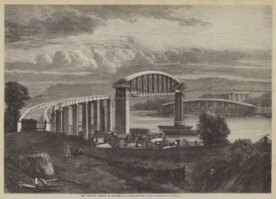 El puente ferroviario en Saltash, I K Brunel, ingeniero (grabado) de English School