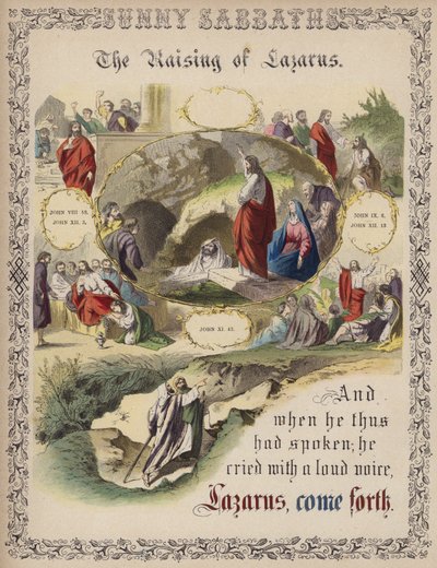La Resurrección de Lázaro (grabado coloreado) de English School
