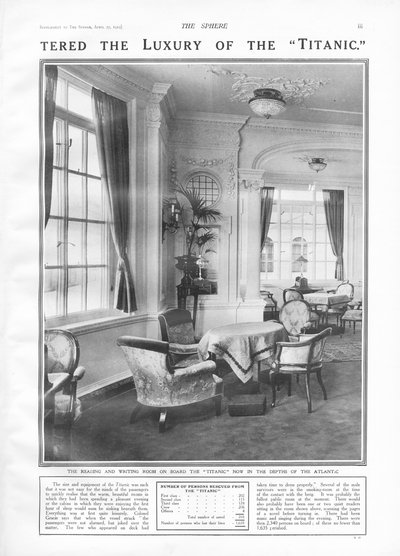 La sala de lectura y escritura a bordo del Titanic, de The Sphere, 27 de abril de 1912 de English School