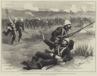 El reconocimiento en fuerza, 5 de agosto, Royal Marines retrocediendo al final del día, bajo fuego intenso de English School