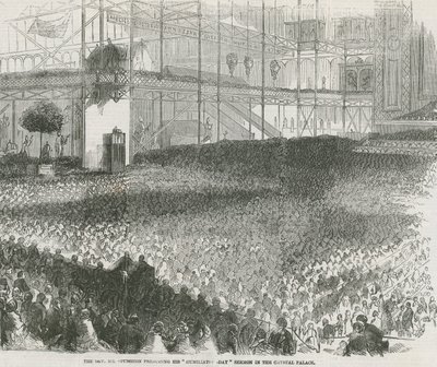 El reverendo Charles Haddon Spurgeon predicando su sermón del Día de la Humillación en el Crystal Palace de English School