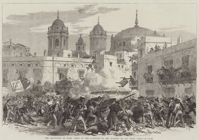 La Revolución en España, Lucha en la Barricada en el Barrio de Los Viñas, Cádiz (grabado) de English School