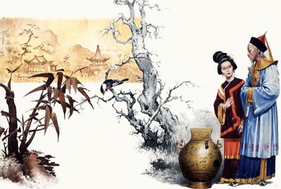 El enigma. Mago de la corte china convierte a un príncipe en un jarrón de English School