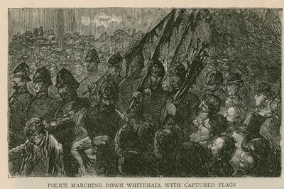 El motín en Trafalgar Square: La policía marchando por Whitehall con banderas capturadas de English School