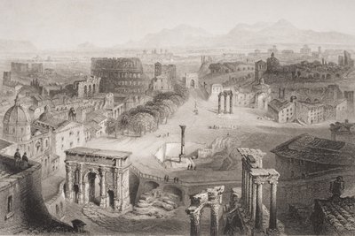 El Foro Romano desde la Colina Capitolina, Roma, grabado por A. Willmore de English School