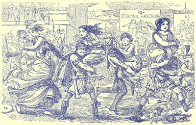 Los romanos llevándose a las mujeres sabinas, ilustración de La Historia Cómica de Roma de Gilbert Abbott a Beckett, publicada c.1850 de English School