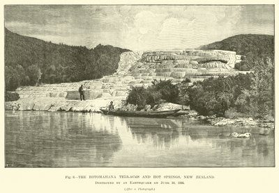 Las terrazas y fuentes termales de Rotomahana, Nueva Zelanda, destruidas por un terremoto el 10 de junio de 1886 de English School