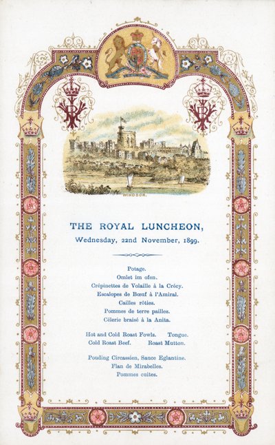 Almuerzo Real, miércoles 22 de noviembre de 1899, menú de English School