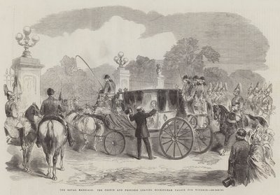 El matrimonio real, el príncipe y la princesa saliendo del Palacio de Buckingham hacia Windsor (grabado) de English School
