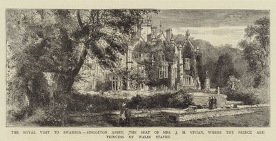 La visita real a Swansea, Singleton Abbey, la residencia de la Sra. J H Vivian, donde se alojaron el Príncipe y la Princesa de Gales (grabado) de English School