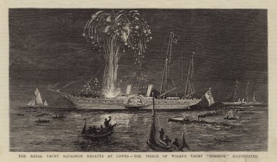 La Regata del Escuadrón Real de Yates en Cowes, el Yate "Osborne" del Príncipe de Gales iluminado (grabado) de English School