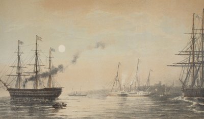 El yate real frente a Margate la noche del 5 de marzo de 1863, de A Memorial of the Marriage of Edward VII and Alexandra of Denmark, pub. 1864 de English School