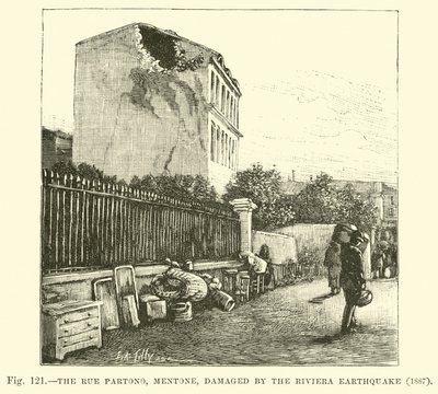 La Rue Partono, Mentone, dañada por el Terremoto de la Riviera, 1887 de English School