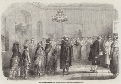 El Embajador Ruso, Barón Brunnow, saliendo de Chesham House (grabado) de English School
