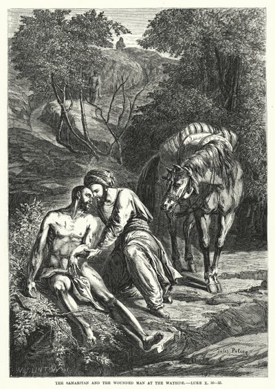 El samaritano y el hombre herido al borde del camino, Lucas X, 30-35 (grabado) de English School