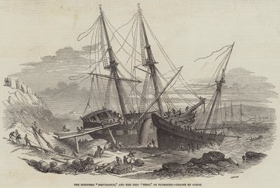 La Goleta "Providence," y el Bergantín "Hero," en Plymouth (grabado) de English School