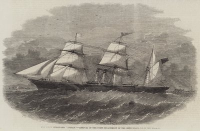 El barco de vapor de tornillo "Indian", llegada del primer destacamento del 100º Regimiento en el Mersey (grabado) de English School