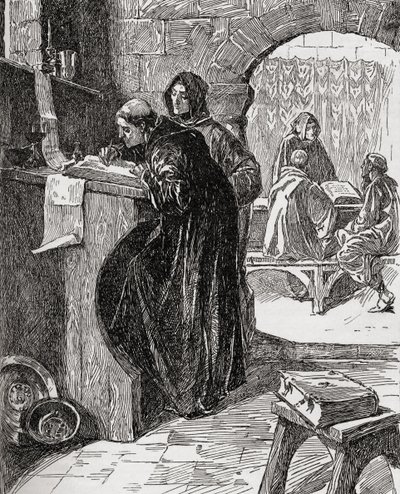 El Scriptorium de un Monasterio, del libro La Iglesia de Inglaterra: Una Historia para el Pueblo, publicado c.1910 de English School