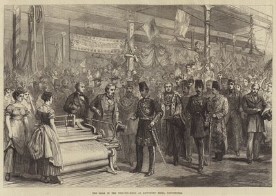 El Shah en la sala de tejido en los molinos de Haworth, Manchester de English School