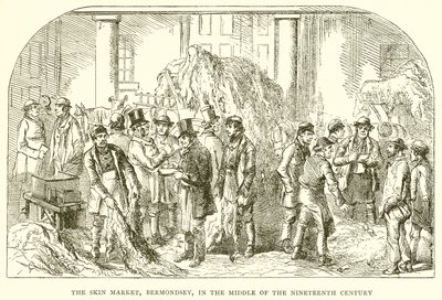El mercado de pieles, Bermondsey, a mediados del siglo XIX de English School