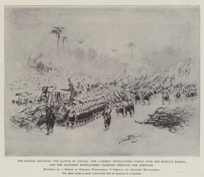 El Avance en Sudán, la Batalla de Atbara, los Cameron Highlanders disparando sobre la Zareba del enemigo, y los Seaforth Highlanders cargando a través de las aperturas de English School
