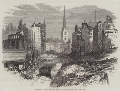 Las obras del ferrocarril del sudeste en Dowgate-Hill (grabado) de English School