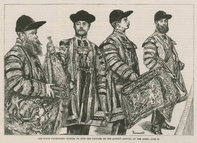 Los trompetistas del Estado esperando para dar la fanfarria a la llegada de la Reina a la Abadía de English School
