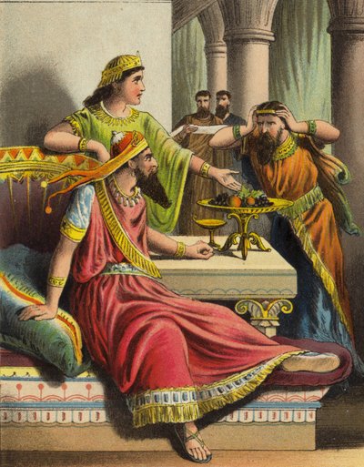La historia de la reina Ester: Ester acusa a Amán (litografía en color) de English School