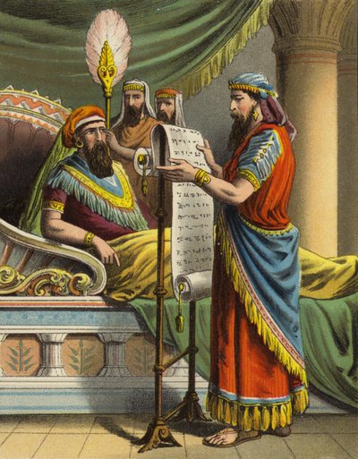 La historia de la reina Ester: El rey Asuero escucha sobre Mardoqueo en el libro de registros de English School