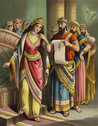 La historia de la reina Ester: La desgracia de Vasti (litografía en color) de English School